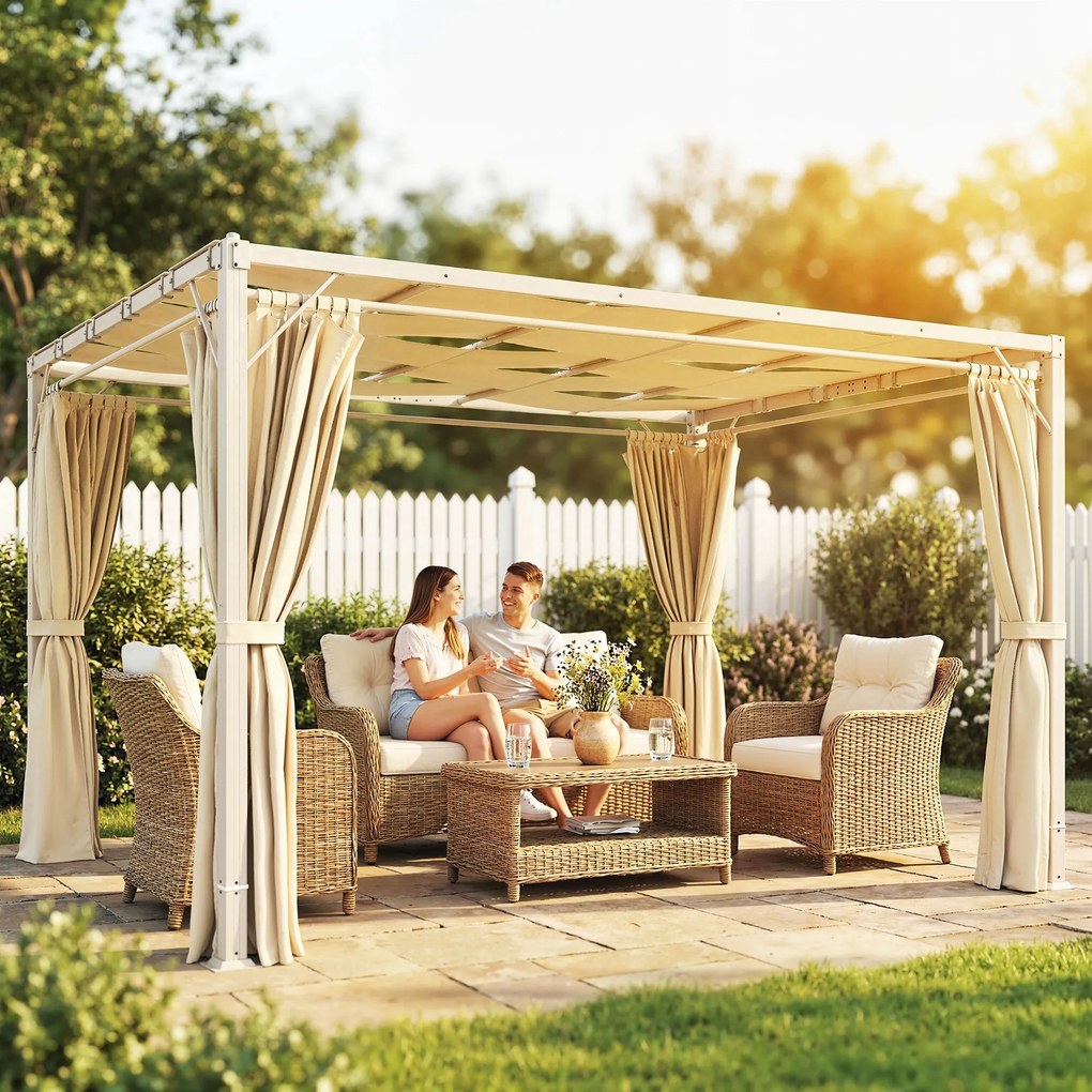 Pérgola de Jardim 385x295x225 cm com Teto Ondulado 4 Cortinas Removíveis Proteção UPF50+ e Estrutura de Aço Bege