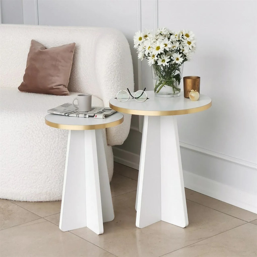 Conjunto de Mesas de Café Mushroom - Dourado e Branco - 40x50x40 cm e