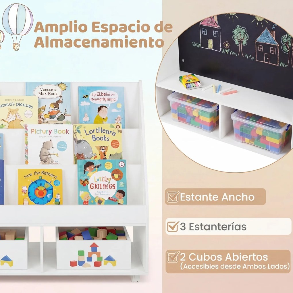 Estante Infantil Móvel, 90 x 45,5 x 87 cm, Quadro de Ardósia Integrado, Branco