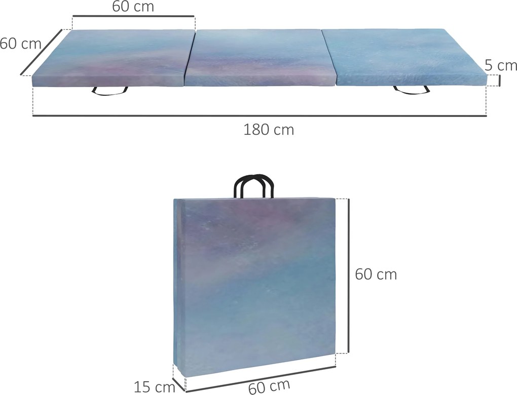 Tapete de Ginástica Dobrável com Espessura de 5 cm Tapete de Exercício 180x60x5 cm com Alças de Transporte Azul Degradê