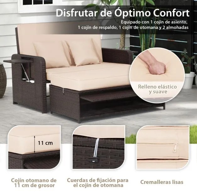 Conjunto sofá cama jardim de 2 lugares em rattan com pufe multifunções Tabuleiro lateral retrátil Encosto ajustável de 4 níveis Castanho