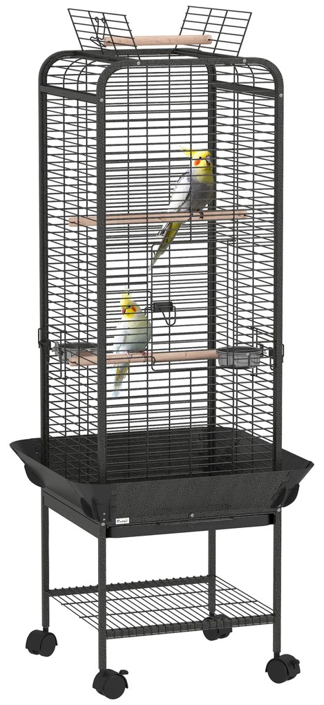 PawHut Gaiola para Pássaros com Rodas Poleiros Comedouros Prateleira e Bandeja Amovível 62,5x62,5x146 cm Cinza Escuro