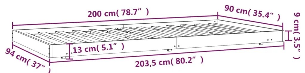 Estrutura de cama 90x200 cm madeira de pinho maciça cinzento