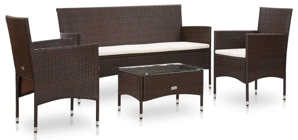 4 pcs conjunto lounge jardim c/ almofadões vime PE castanho
