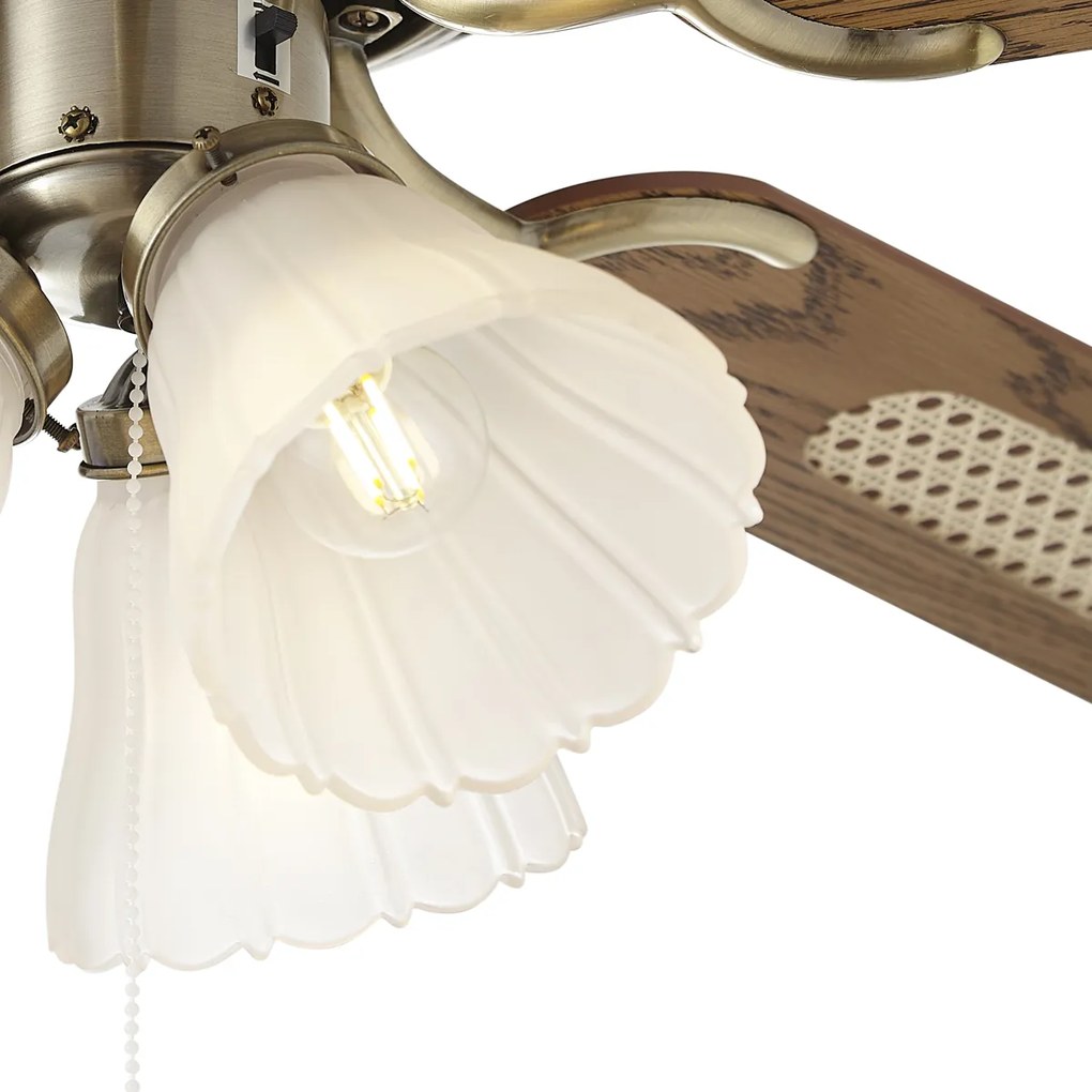 Ventilador de teto em latão com impressão de madeira e rattan 108cm com interruptor de tração - Mistral Lia