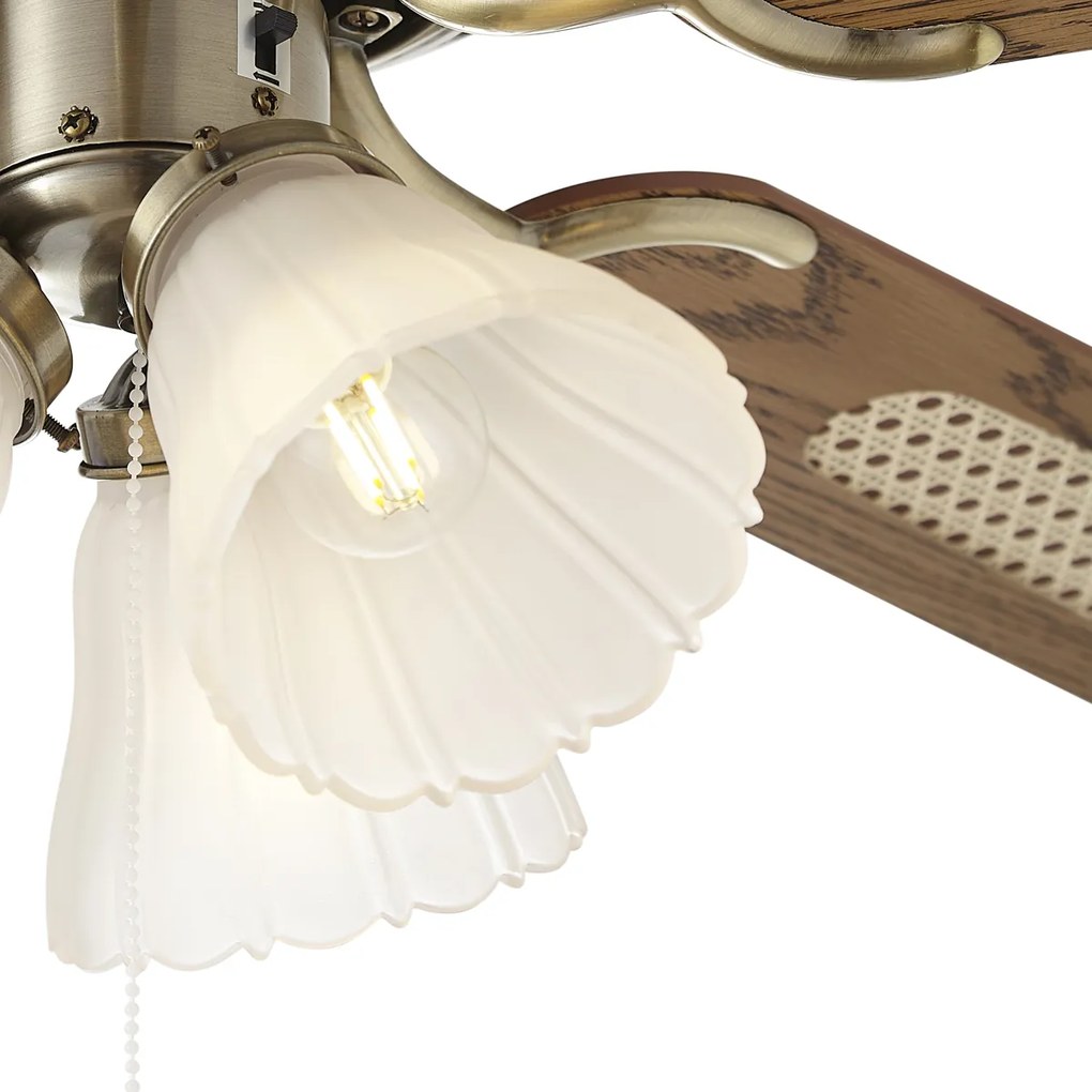 Ventoinha de Teto Latão com Padrão de Madeira e Rattan 105cm com Interruptor de Puxar - Mistral Lia