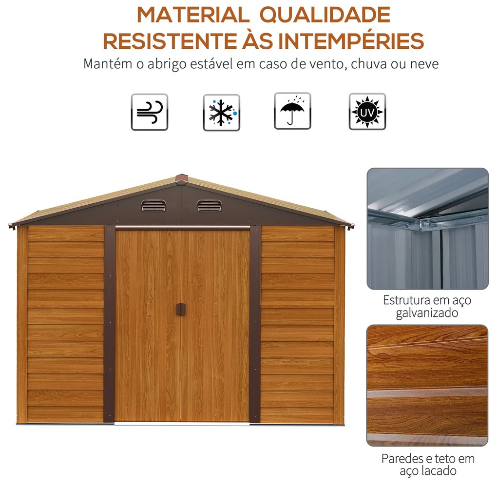 Abrigo de Jardim 5,4m² 278x159x215 cm Abrigo de Jardim com 2 Portas de Correr e 4 Janelas de Ventilação Madeira e Castanho