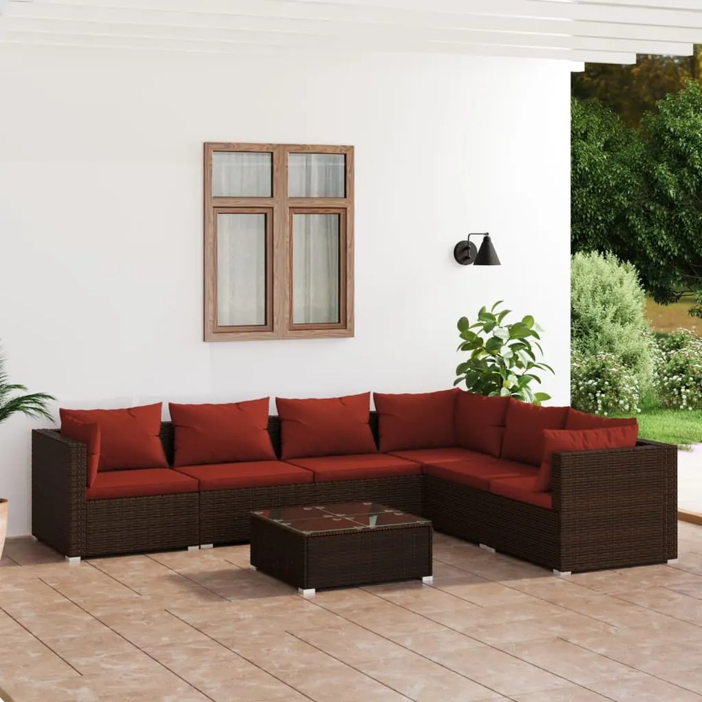 vidaXL 7 pcs conjunto lounge jardim c/ almofadões vime PE castanho