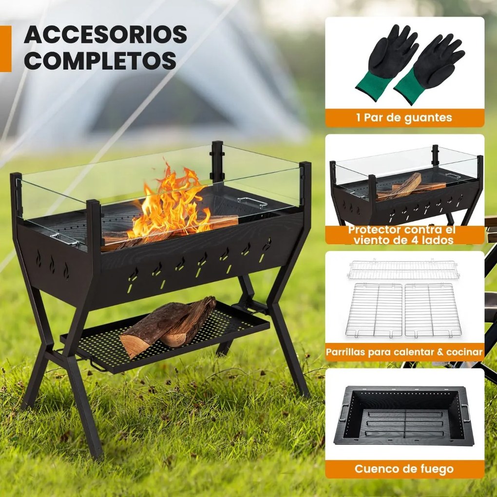 Grelhador a carvão para churrascos em aço inoxidável com luvas de proteção contra o vento 98 x 42 x 68 cm