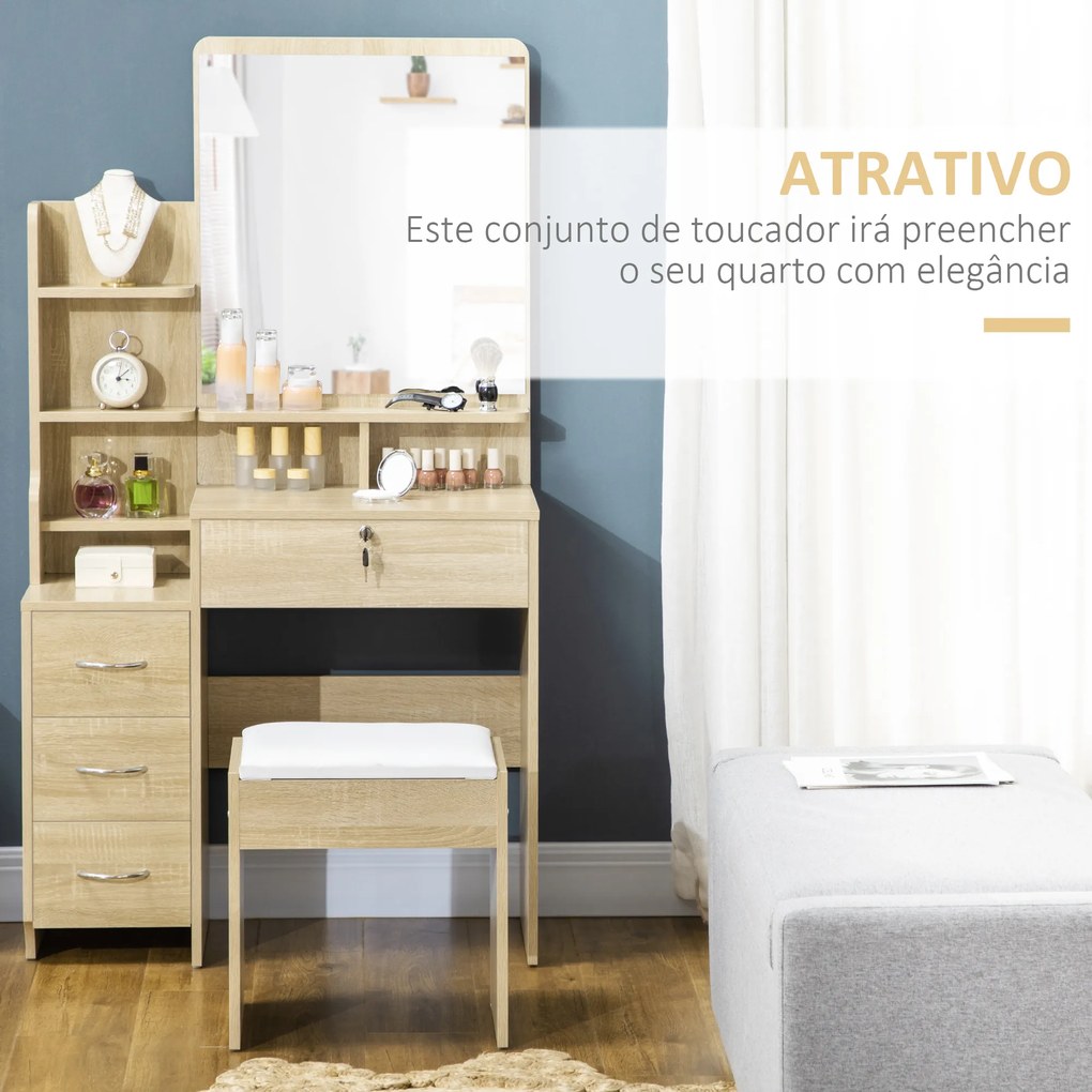 Toucador de Maquilhagem com Banco Espelho 4 Gavetas 4 Compartimentos de Armazenamento Estilo Moderno 80x38x143 cm Madeira