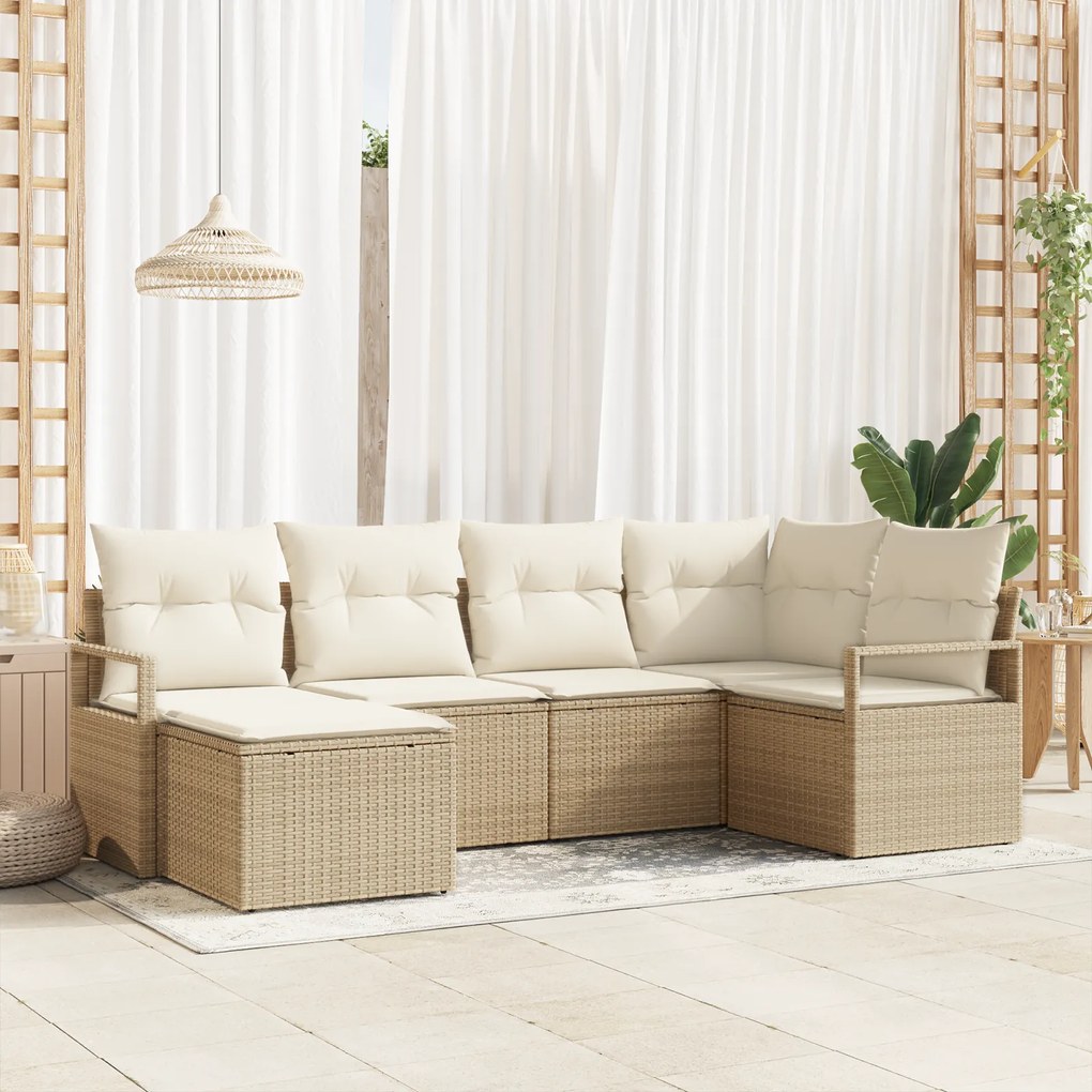 Conjunto de Sofá de Jardim vidaXL 6 Peças com Almofadas Bege Rattan Po