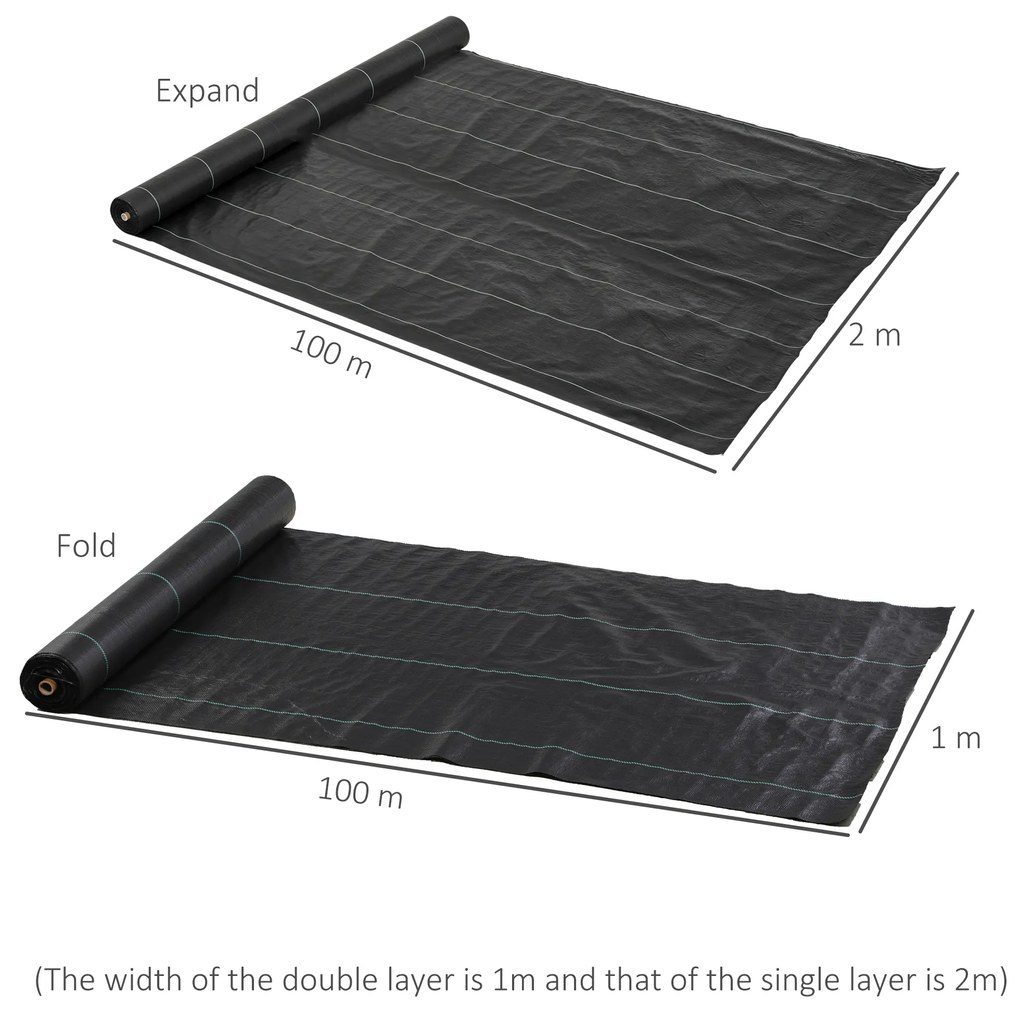 Outsunny Rolo de Malha Anti-Ervas 2x100 m Malha Geotêxtil 60 g/m² para Controlo de Ervas Daninhas de Jardim Malha Anti-Ervas Preta