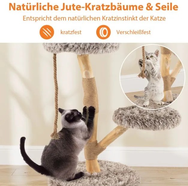 Arranhador para gatos, em madeira com 3 superfícies de assento em pelúcia, corda e poste para arranhar em juta, torre para gatos, móvel para gatos em