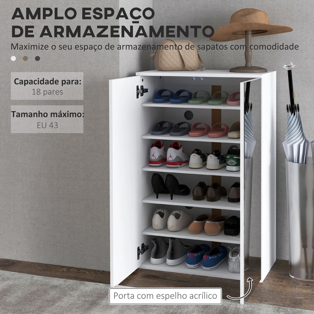 Sapateira com Espelho Móvel Sapateira para 18 Pares de Sapatos com Prateleiras Ajustáveis 60x32x95 cm Branco