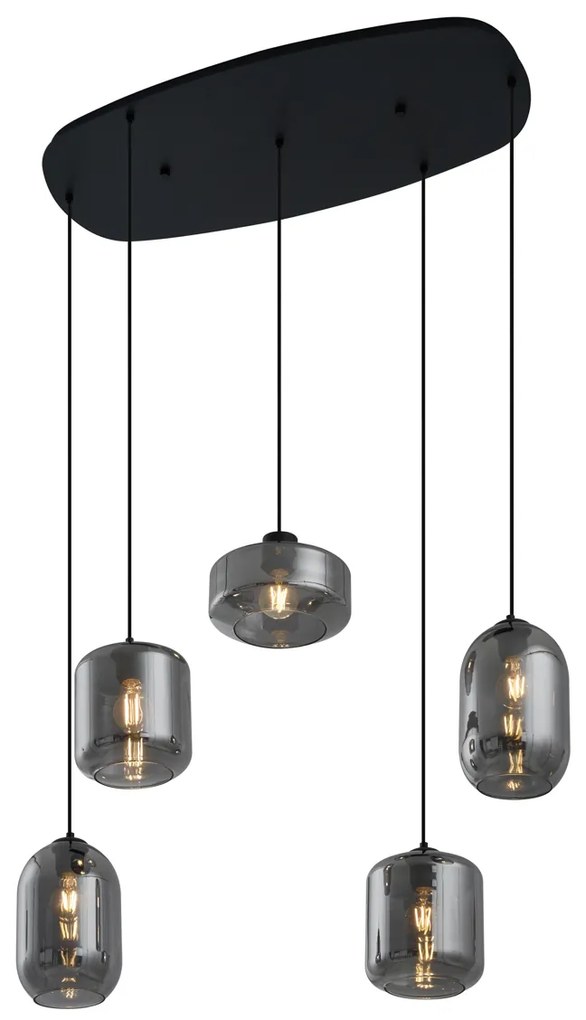 Candeeiro suspenso moderno preto com vidro fumado 5-luzes - Sheena Moderno