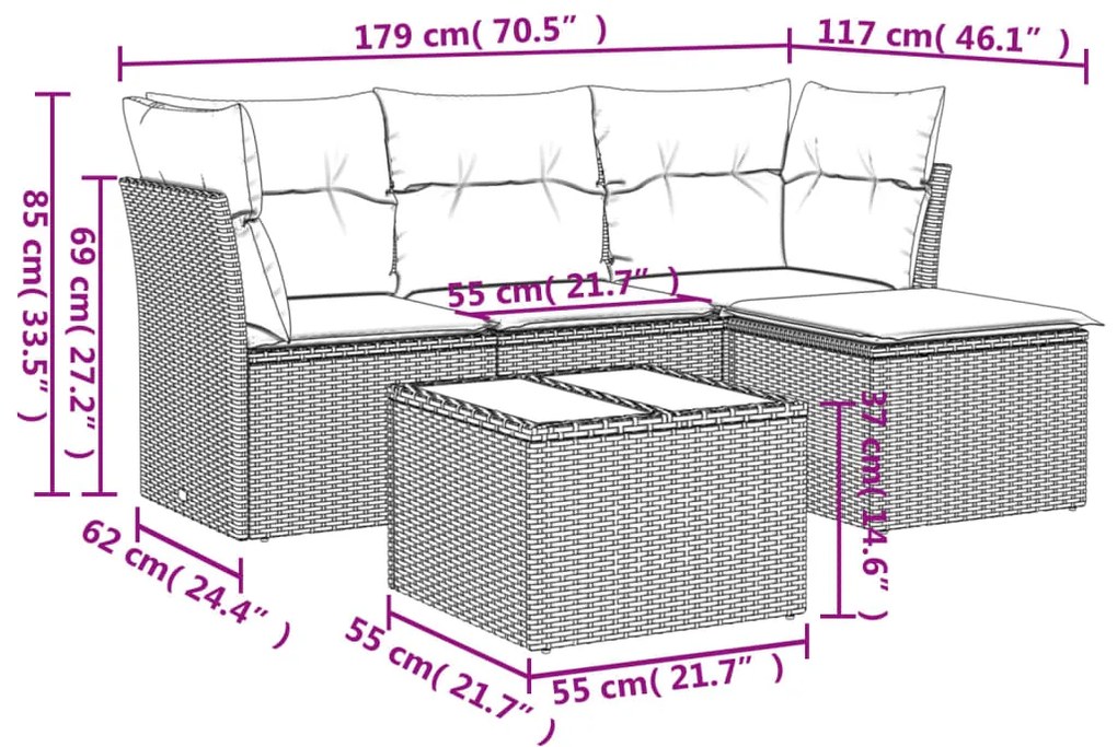 5 pcs conj. sofás jardim c/ almofadões vime PE cinzento-claro