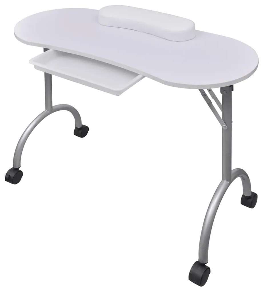 Mesa manicure dobrável com rodas, branca