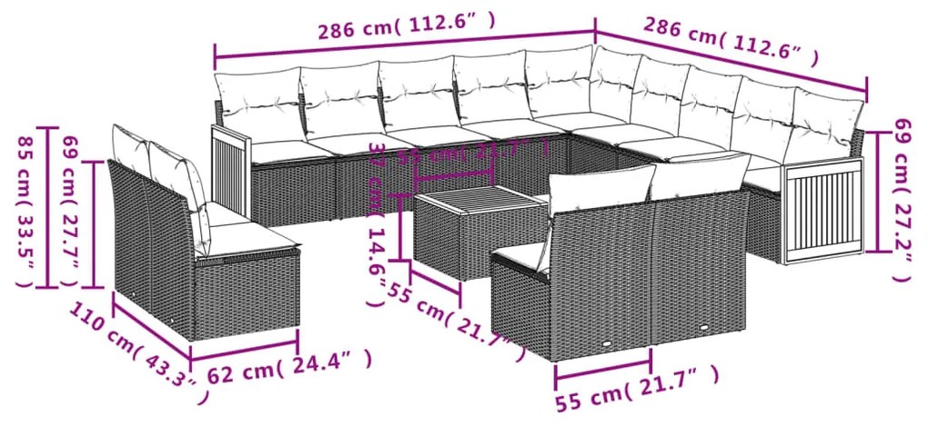 14 pcs conjunto sofás p/ jardim c/ almofadões vime PE cinzento