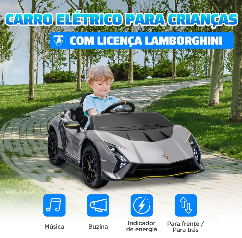 Carro Elétrico para Crianças Lamborghini 12V Controlo Remoto Faróis Buzina Arranque Lento e Música MP3 114,5x64x45,5 cm Cinza