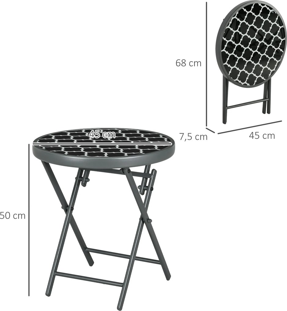 Mesa de centro dobrável Ø 45 x 50 cm, mesa auxiliar dobrável, tampo em vidro temperado com motivos a preto e branco em metal,, preta