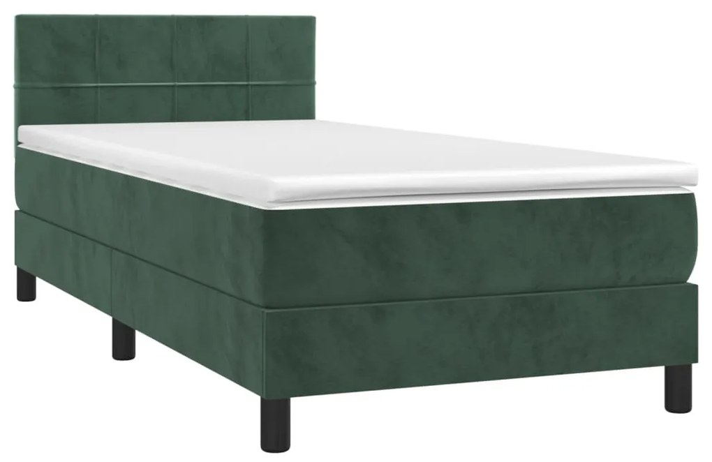 Cama box spring c/ colchão/LED 90x190 cm veludo verde-escuro