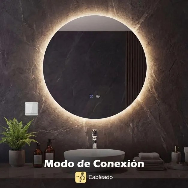 Espelho redondo LED de 70 cm com luz; espelho de casa de banho para montagem na parede com intensidade de luz ajustável e controlo tátil