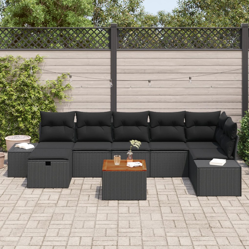 Conjunto de Sofá de Jardim com 8 Peças e Almofadas Preto em Rattan Sin