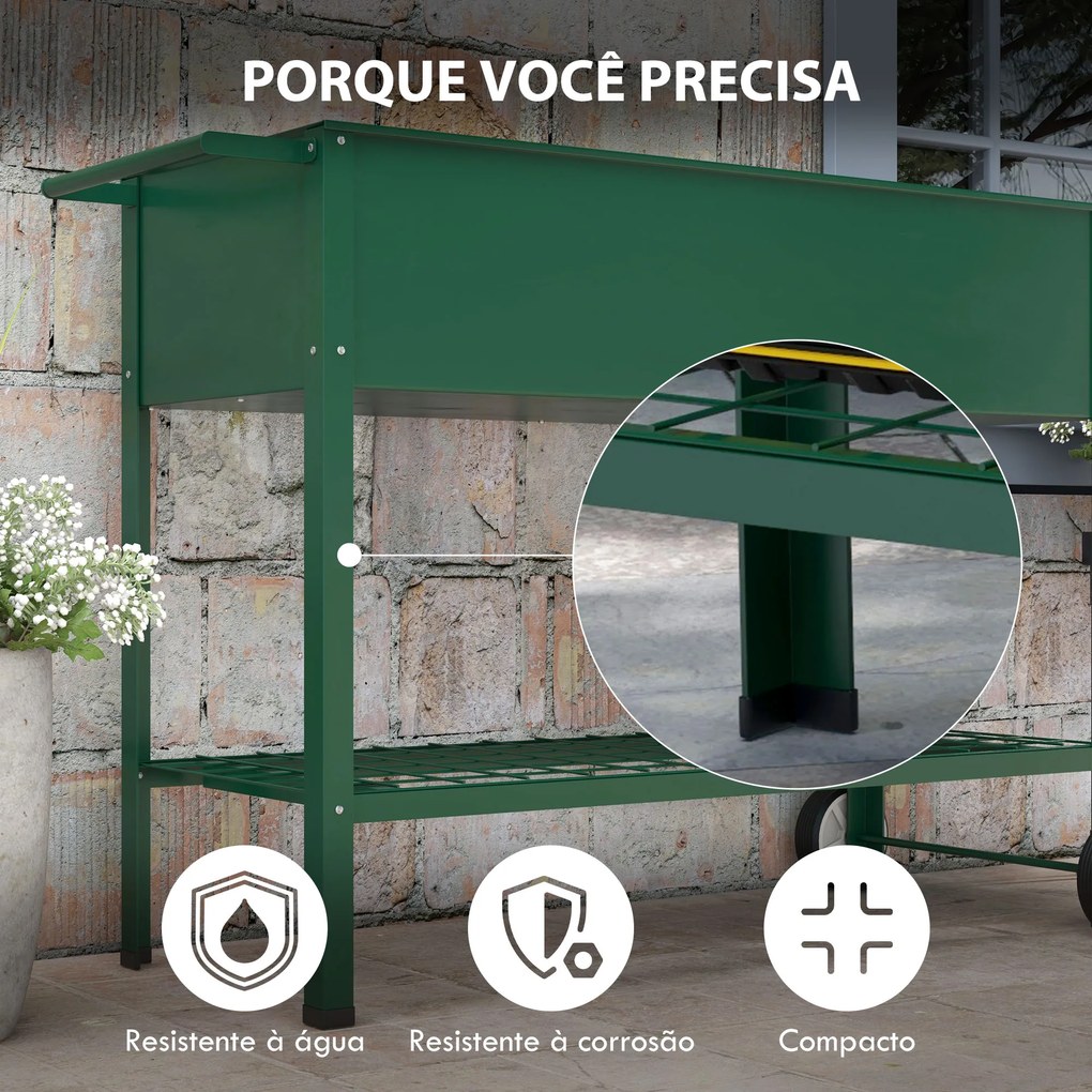 Floreira Vertical Elevada de Metal Horta Vertical com Rodas Alça Lateral e Prateleira Inferior para Cultivo 109x44x80 cm Verde