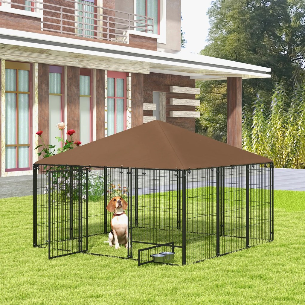 Canil para Cães com Toldo Canil para Exterior com Suporte Giratório para Comida 2 Tigelas 211x211x151 cm Preto e Castanho