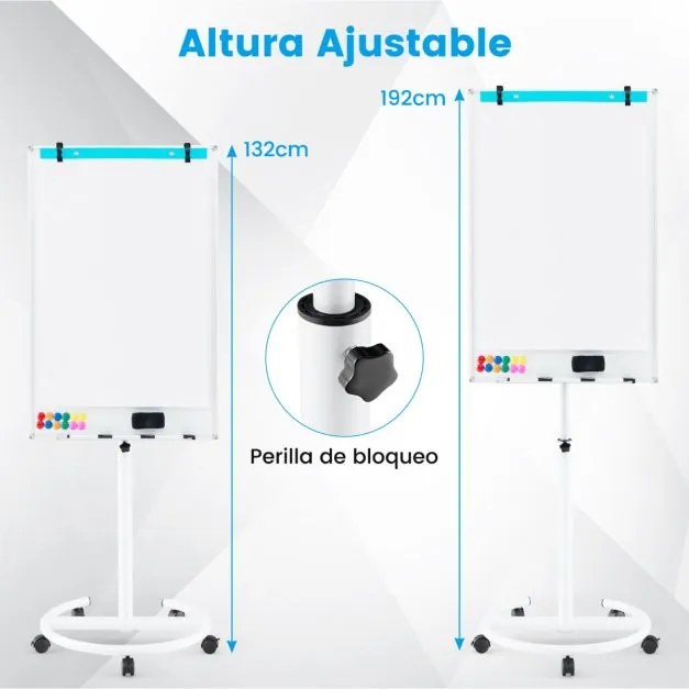 Quadro branco ajustável em altura com rodas com clipes para papel e tabuleiro 65 x 60 x 132-192 cm Branco