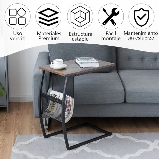 Mesa apoio em forma de C com bolso lateral em estilo industrial para sofá e cama de sala de estar 52 x 35,5 x 59,5 cm Castanho