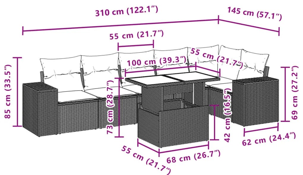 7 pcs conjunto de sofás p/ jardim com almofadões vime PE bege