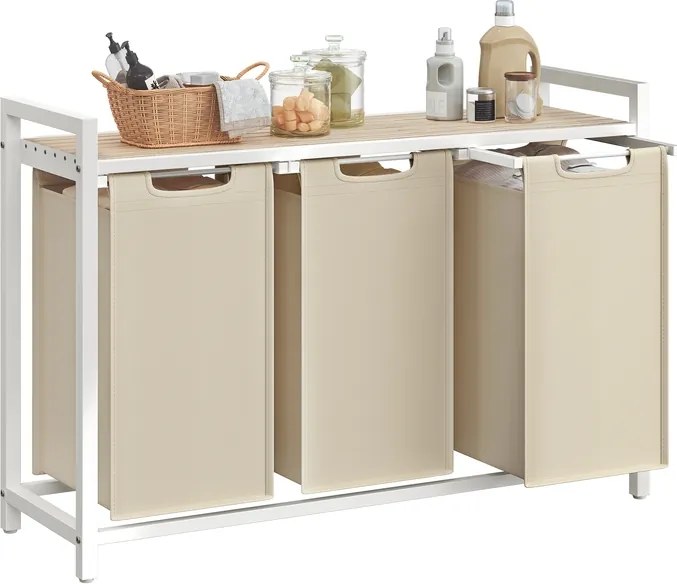 Cesto da roupa com 3 compartimentos e prateleira prática 92,5 x 33 x 72 cm bege cappuccino-bege natural