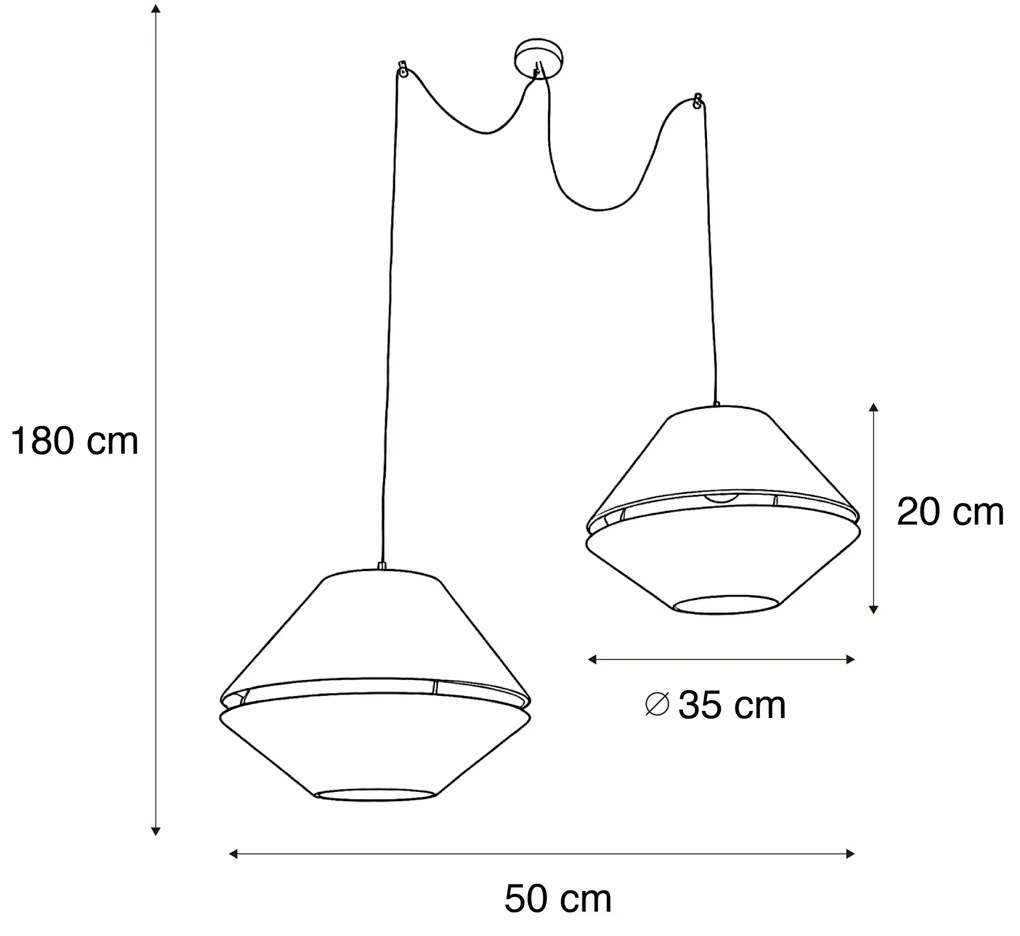 Candeeiro suspenso preto com abajur de veludo duplo verde com interior dourado 2 luzes - Cava Luxe Clássico / Antigo