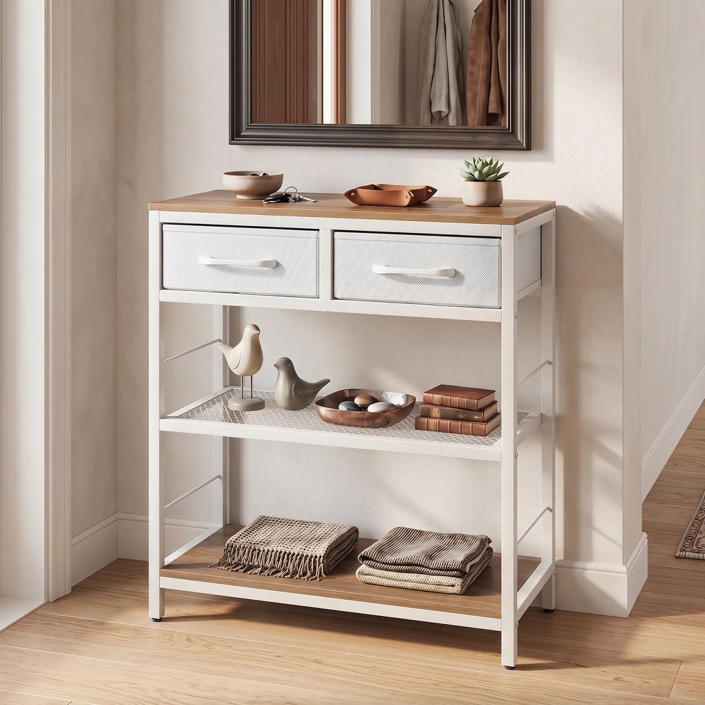 Mesa de Consola com Gavetas e Estantes, 60 x 30 x 81 cm, Estrutura Metálica, Natural e branco