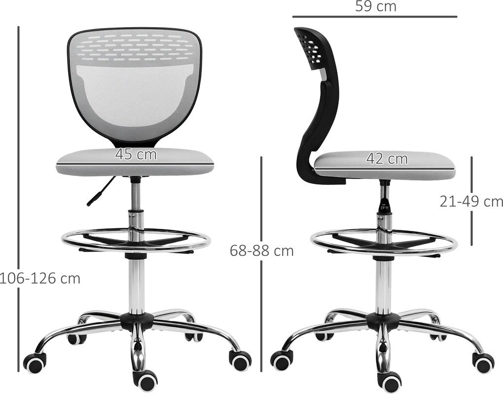 Cadeira de escritório ergonómica em malha, cadeira de desenho, altura e apoio para os pés ajustáveis, 59 x 59 x 106-126 cm, cinzenta