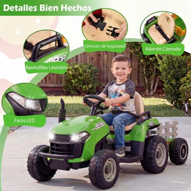 Trator elétrico de 24 V, trator infantil com reboque rebatível e removível, controlo remoto, música e faróis LED, a partir dos 3 anos, Verde