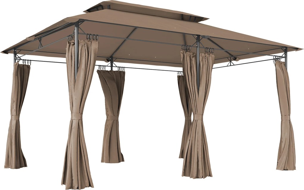 Outsunny Pavilhão de jardim exterior 6 colunas duplo teto 12 orifícios de drenagem em metal 3x4 m kaki | Aosom Portugal