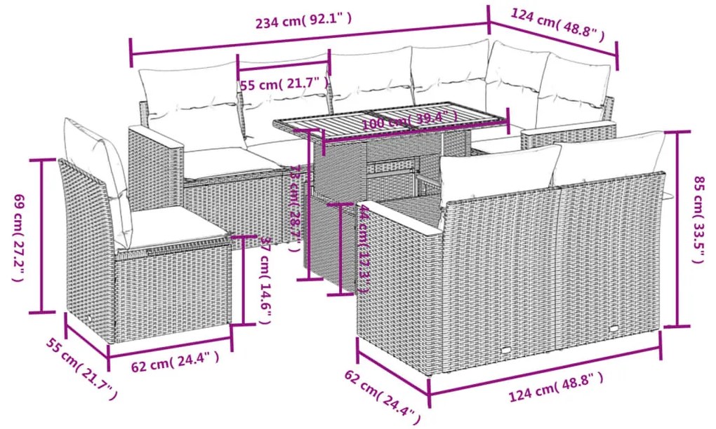 9 pcs conjunto de sofás p/ jardim c/ almofadões vime PE preto