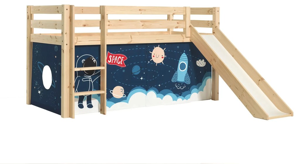 Cama alta de Criança PINO 90 x 200 cm + estrado + escada + escorrega + cortina Espaço Natural