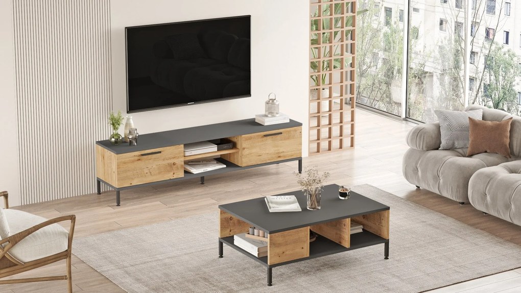 Conjunto de Mobiliário de Sala RL5 – Atlantic Pine e Antracite – TV St