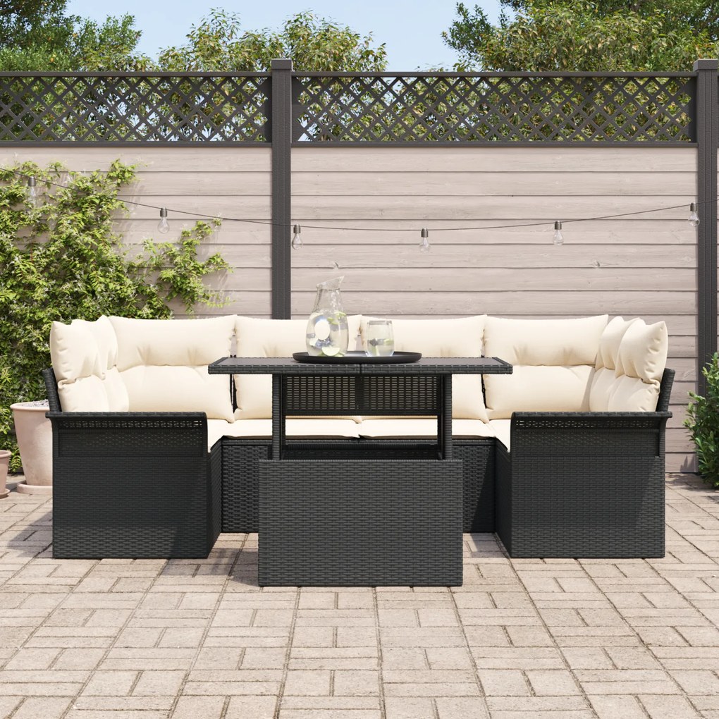 Conjunto de Sofá de Jardim vidaXL 7 Peças com Almofadas Preto Rattan P