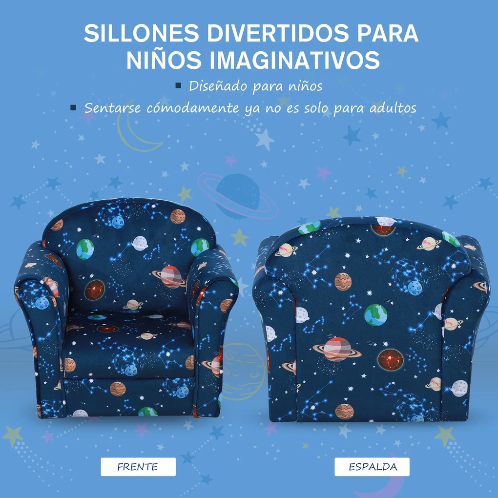 HOMCOM Poltrona para Crianças acima de 3 Anos com Desenhos de Planetas Estrutura de Madeira e Estofado em Flanela 50x39x44 cm Azul