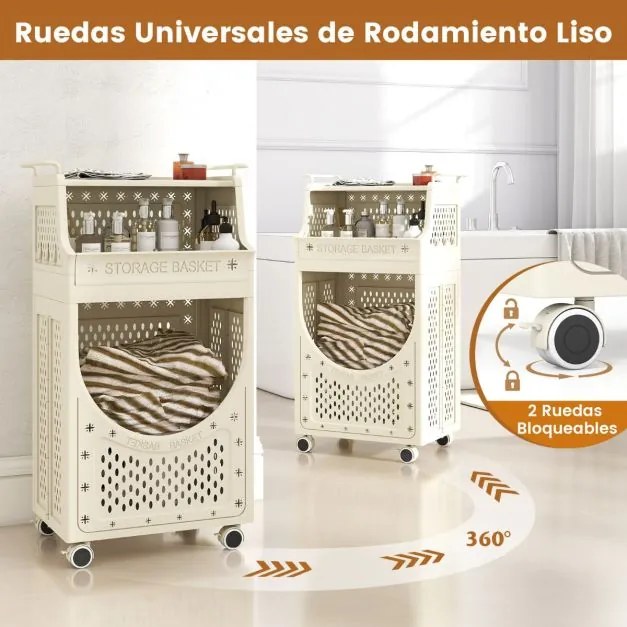 Carro para roupa suja 40 x 30 x 78 cm com 3 níveis dobrável com rodas bloqueáveis 6 ganchos para pendurar bege
