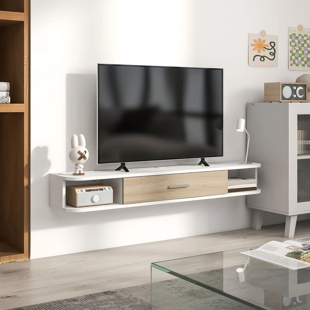Móvel de TV de parede 120 L x 26 P x 16 A cm, para ecrãs até 50 polegadas, com compartimentos abertos e armário com porta rebatível, branco