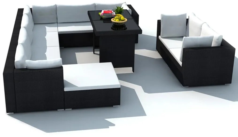 10 pcs conjunto lounge de jardim c/ almofadões vime PE preto