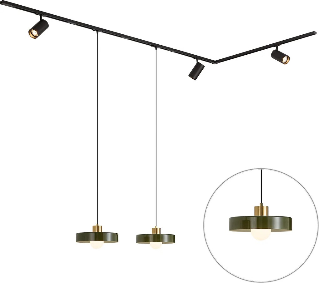 Sistema de calhas moderno preto com 2 candeeiros pendentes verdes e 3 focos monofásico - Iconic Jeana Luxe Jina