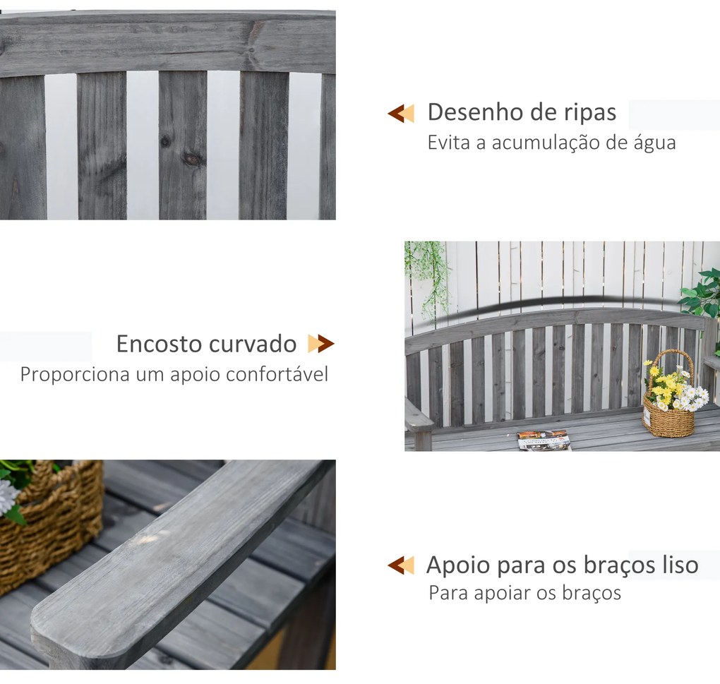 Outsunny Banco de Jardim de 3 Lugares Banco de Ripas de Madeira com Encosto Apoio para os Braços Terraço Varanda Exterior Carga 320kg 140x50x85cm Cinza