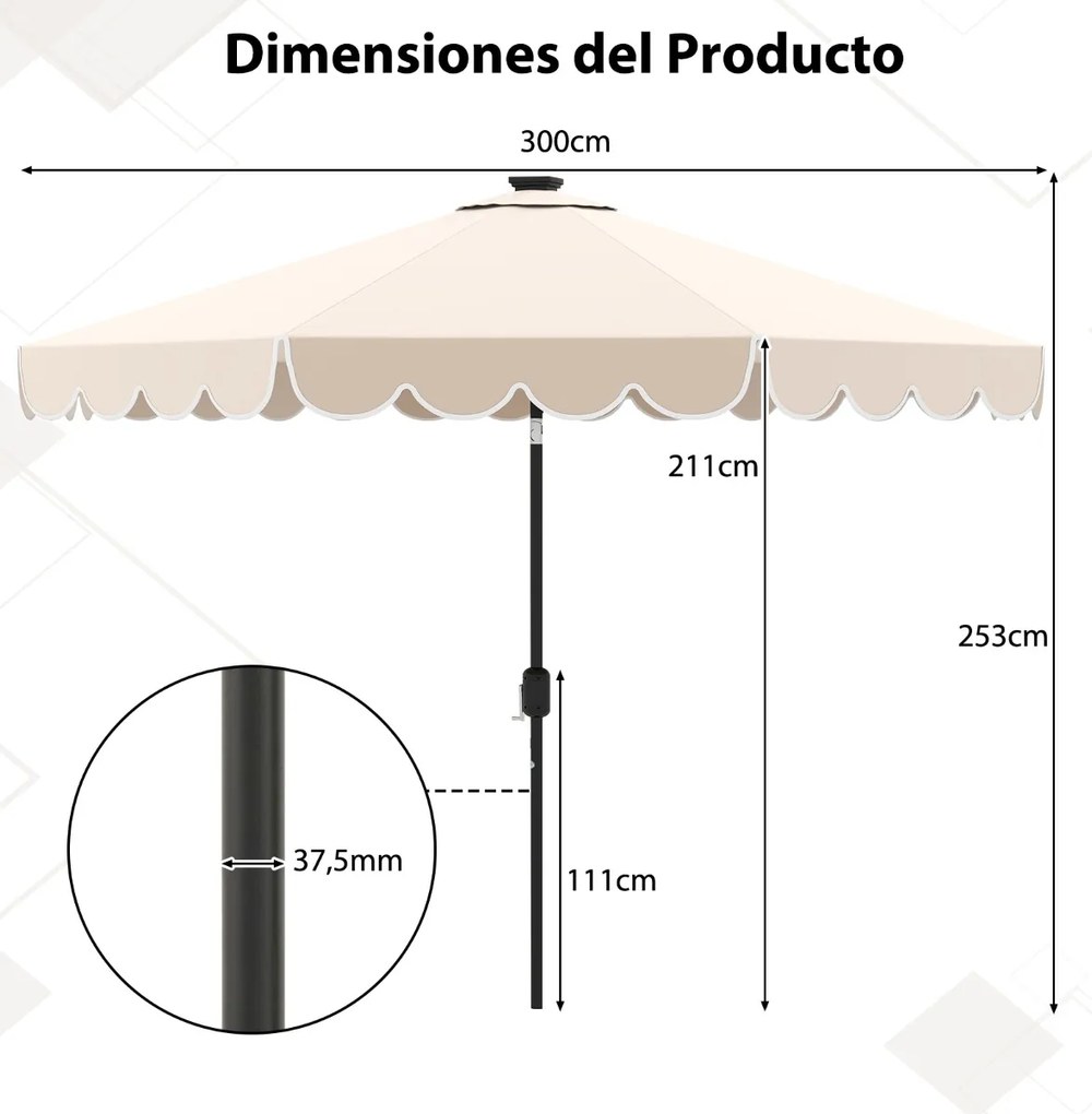 Guarda-sol de 300 cm com 24 luzes LED, parte superior ventilada, folhos e ajuste de inclinação Bege