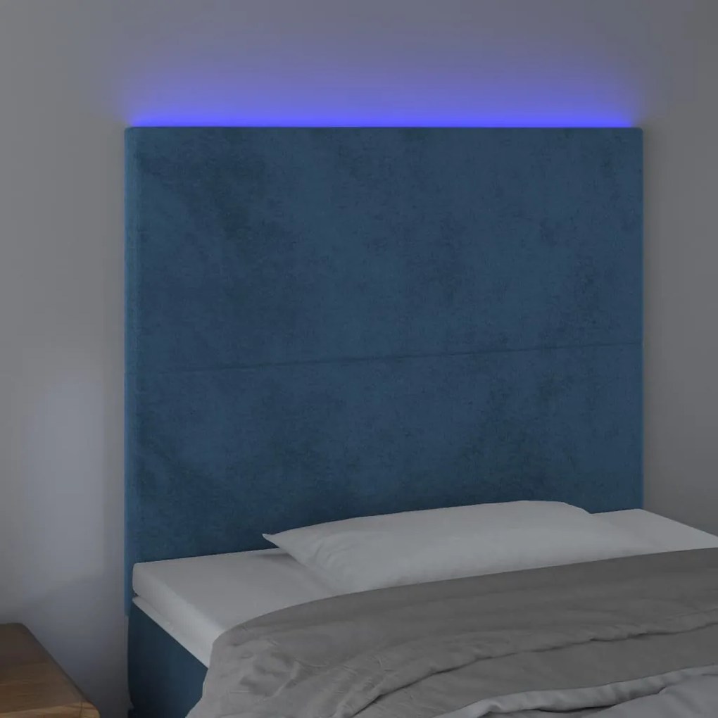 Cabeceira cama c/ luzes LED veludo 90x5x118/128cm azul-escuro